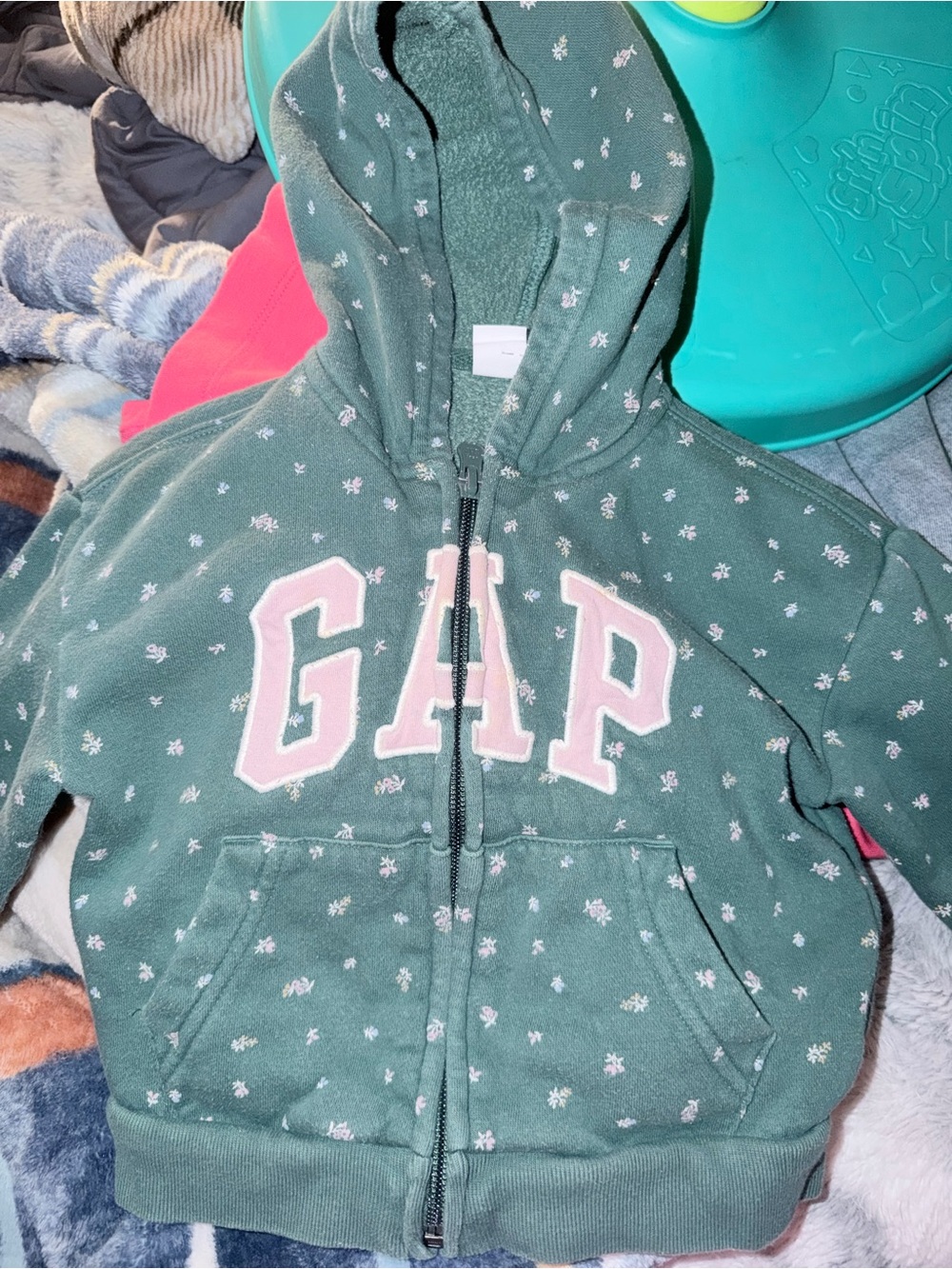 GAP Green Hooded Zip Sweatshirt with Pink Logo